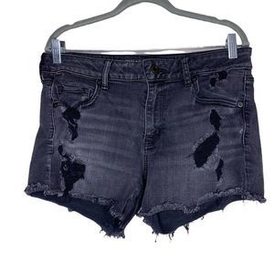 American Eagle Black Denim Distressed Midi Shorts
